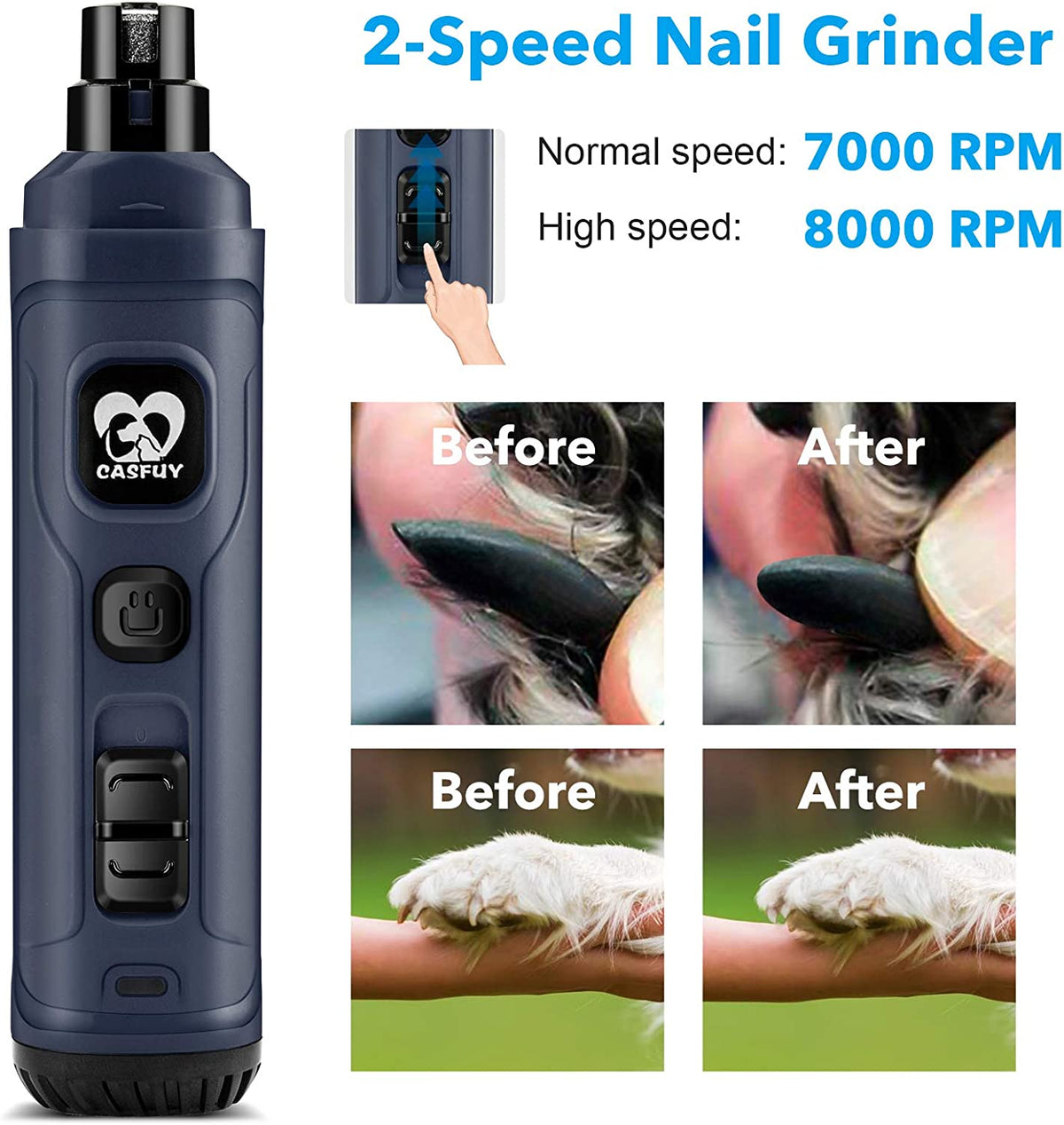 Advanced Dual LED Dog Nail Grinder - 2-Speed Electric Trimmer for Quiet, Painless Grooming of Small to Large Dogs and Cats (Blue)