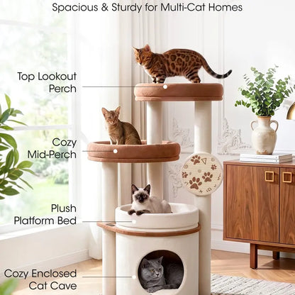 Large Cat Tree for Maine Coons and Other Large Cats, 46-Inch Cat Tower with Extra-Large Plush Perches, Cozy Condo, Scratching Pad and Wide Stable Base