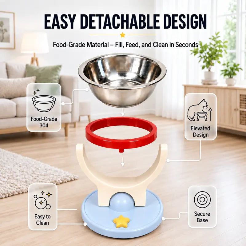 2-In-1 Elevated Stainless-Steel Cat Bowl, No-Drill Wall-Mount or Floor-Standing, Neck-Protecting, Robot Vacuum Friendly, Easy to Clean for Indoor Cats