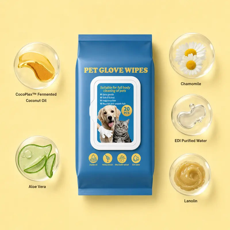 20PCS Dog Grooming Wipes No-Rinse Hypoallergenic with Fermented Oils Coconut Lanolin Potassium Sorbate Lemon Verbena ,Puppy Bathing Gloves Wipes Cleaner