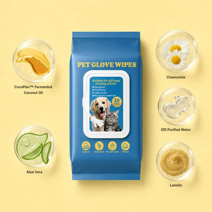 20PCS Dog Grooming Wipes No-Rinse Hypoallergenic with Fermented Oils Coconut Lanolin Potassium Sorbate Lemon Verbena ,Puppy Bathing Gloves Wipes Cleaner