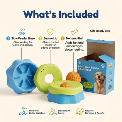 Silicone Dog Neater Food Feeder - 1 Bowl Puzzle Feeder with Anti-Slip Base, 2-In-1 Versatility, Spill-Proof Platter, Rolling Ball for Yogurt/Peanut Butter Enrichment, Calms Anxiety, Camping Pet Feeding Accessory