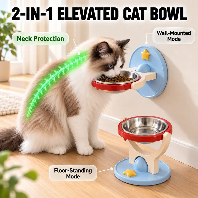 2-In-1 Elevated Stainless-Steel Cat Bowl, No-Drill Wall-Mount or Floor-Standing, Neck-Protecting, Robot Vacuum Friendly, Easy to Clean for Indoor Cats