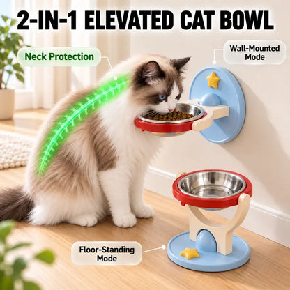 2-In-1 Elevated Stainless-Steel Cat Bowl, No-Drill Wall-Mount or Floor-Standing, Neck-Protecting, Robot Vacuum Friendly, Easy to Clean for Indoor Cats