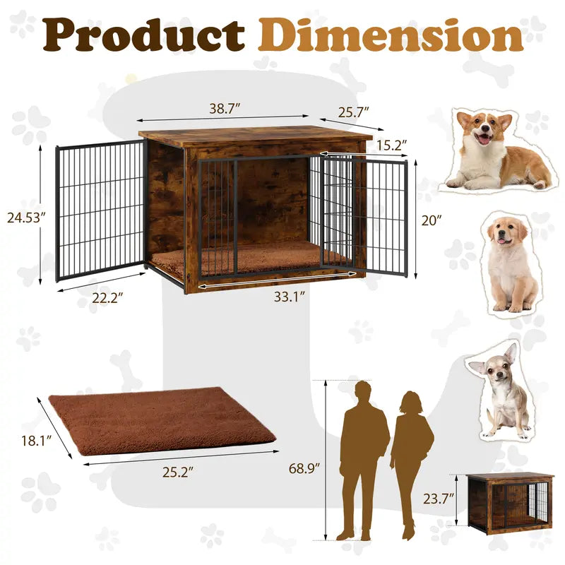 Heavy-Duty Steel Frame Wooden Dog Crate Side Table, Stylish Indoor Pet Furniture with Double Door, Thicker Frame Chew-Resistant Kennel Puppy Kennel for Small to Medium-Large Dogs