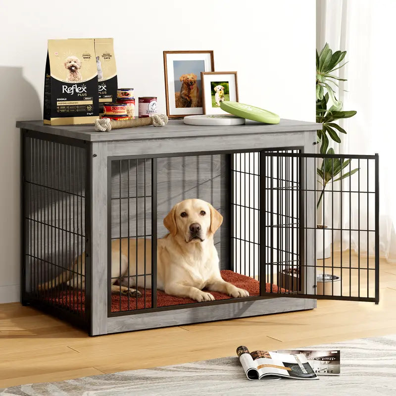 Heavy-Duty Steel Frame Wooden Dog Crate Side Table, Stylish Indoor Pet Furniture with Double Door, Thicker Frame Chew-Resistant Kennel Puppy Kennel for Small to Medium-Large Dogs