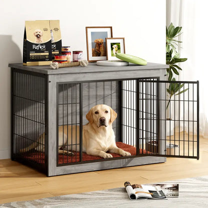 Heavy-Duty Steel Frame Wooden Dog Crate Side Table, Stylish Indoor Pet Furniture with Double Door, Thicker Frame Chew-Resistant Kennel Puppy Kennel for Small to Medium-Large Dogs