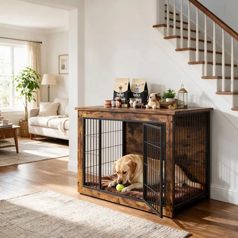 Heavy-Duty Steel Frame Wooden Dog Crate Side Table, Stylish Indoor Pet Furniture with Double Door, Thicker Frame Chew-Resistant Kennel Puppy Kennel for Small to Medium-Large Dogs