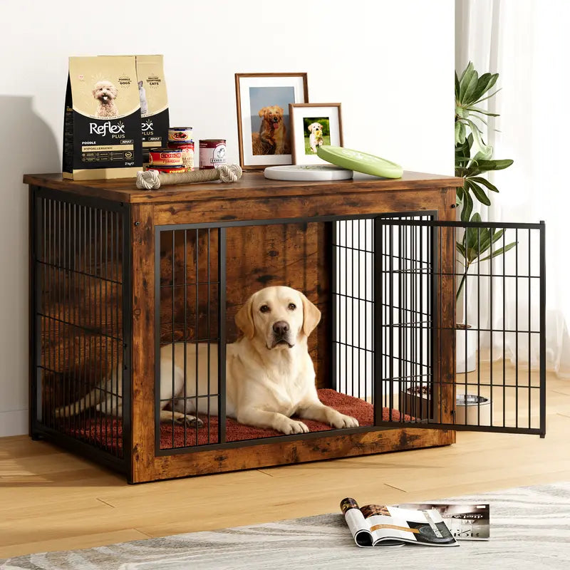 Heavy-Duty Steel Frame Wooden Dog Crate Side Table, Stylish Indoor Pet Furniture with Double Door, Thicker Frame Chew-Resistant Kennel Puppy Kennel for Small to Medium-Large Dogs