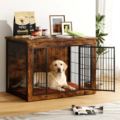 Heavy-Duty Steel Frame Wooden Dog Crate Side Table, Stylish Indoor Pet Furniture with Double Door, Thicker Frame Chew-Resistant Kennel Puppy Kennel for Small to Medium-Large Dogs