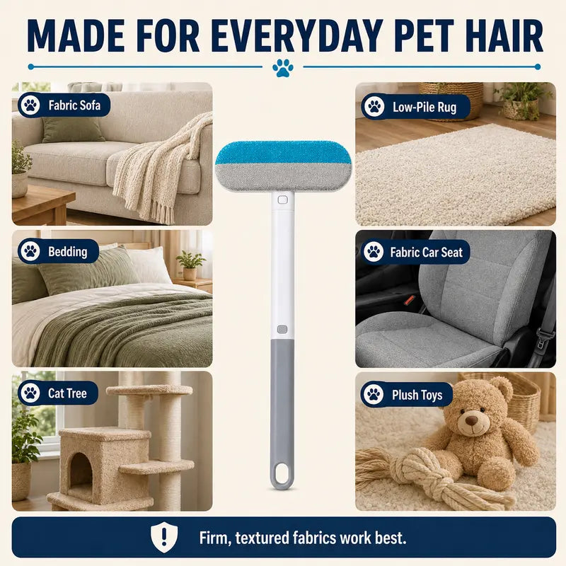 4-In-1 Reusable Pet Hair Remover Brush - Long Handle, Detail Brushes, Flexible Bristles, Reusable Pads, Deshedding & Fur Removal Tool for Multi-Surface Sofas, Rugs, Bedding