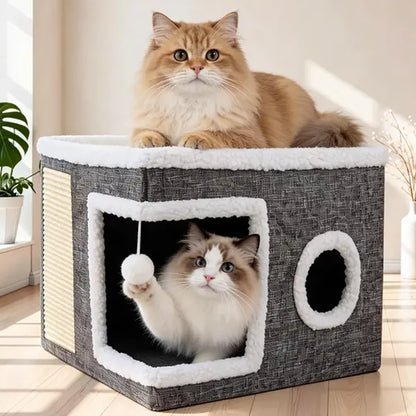 Large Plush Cat Bed – Cozy Hideaway with Sisal Scratcher & Hanging Toy