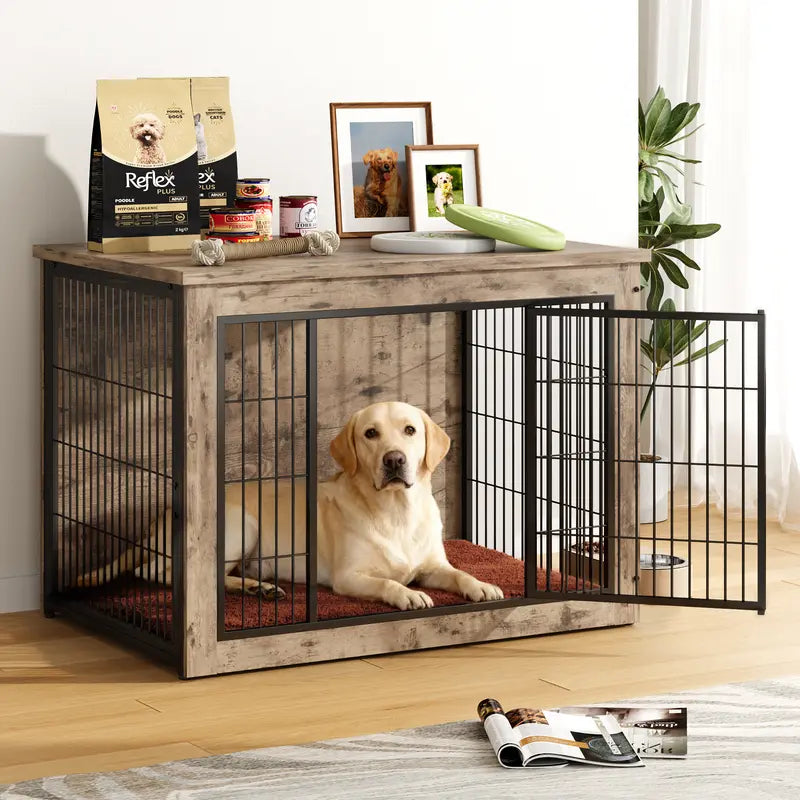 Heavy-Duty Steel Frame Wooden Dog Crate Side Table, Stylish Indoor Pet Furniture with Double Door, Thicker Frame Chew-Resistant Kennel Puppy Kennel for Small to Medium-Large Dogs