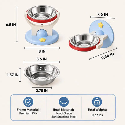 2-In-1 Elevated Stainless-Steel Cat Bowl, No-Drill Wall-Mount or Floor-Standing, Neck-Protecting, Robot Vacuum Friendly, Easy to Clean for Indoor Cats