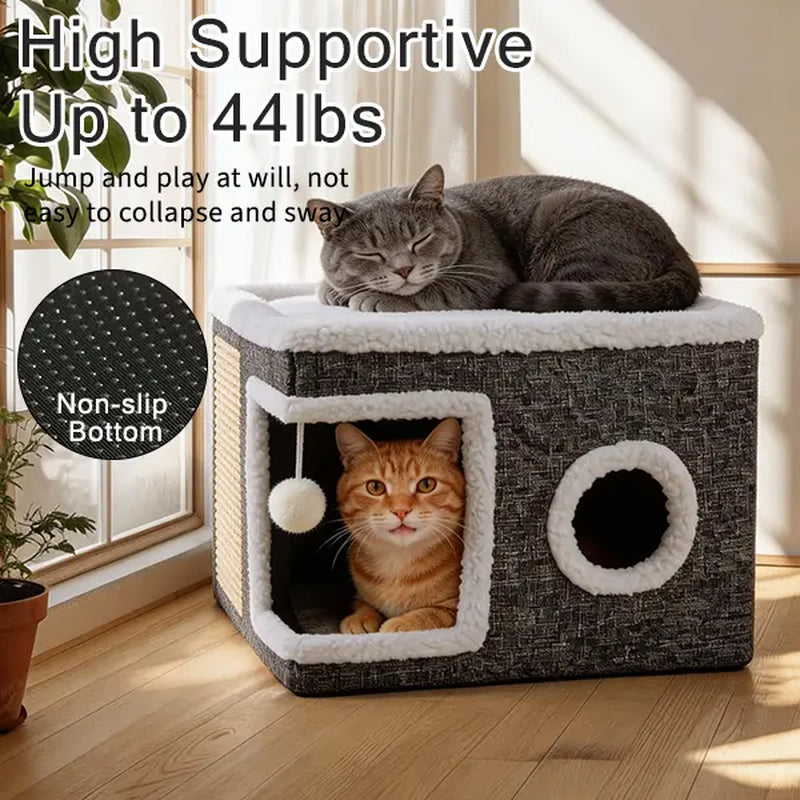 Large Plush Cat Bed – Cozy Hideaway with Sisal Scratcher & Hanging Toy