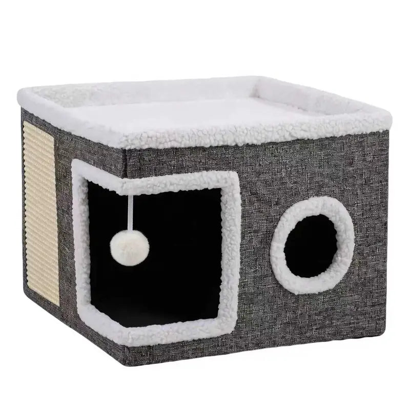 Large Plush Cat Bed – Cozy Hideaway with Sisal Scratcher & Hanging Toy