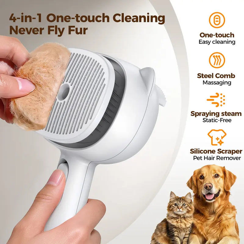 4-In-1 Rechargeable Pet Steam Brush for Cats & Dogs, Self-Cleaning Deshedding Grooming Brush with 2-Speed Mist Spray, Skin-Safe Stainless Steel Pins, Detangling Massage Comb & Silicone Hair Remover for Long & Short Hair, Shedding Season Poodle