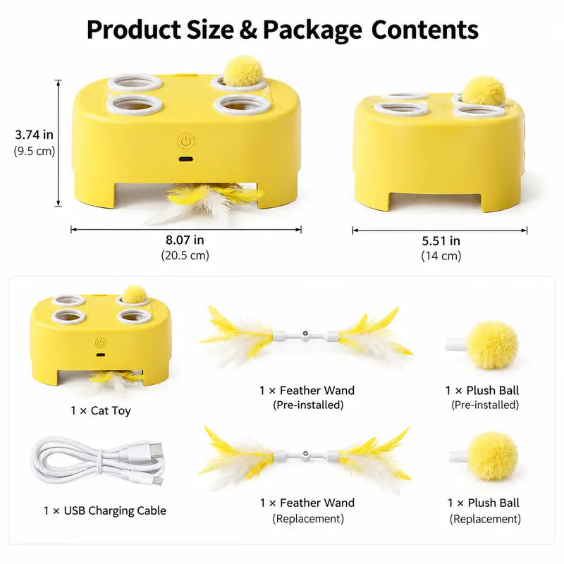 2-in-1 Interactive Cat Hunting Toy – Pop-Up Mice & Rotating Feather, USB-C Rechargeable