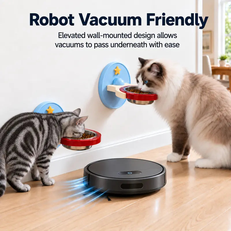 2-In-1 Elevated Stainless-Steel Cat Bowl, No-Drill Wall-Mount or Floor-Standing, Neck-Protecting, Robot Vacuum Friendly, Easy to Clean for Indoor Cats