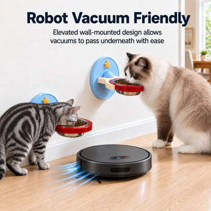 2-In-1 Elevated Stainless-Steel Cat Bowl, No-Drill Wall-Mount or Floor-Standing, Neck-Protecting, Robot Vacuum Friendly, Easy to Clean for Indoor Cats