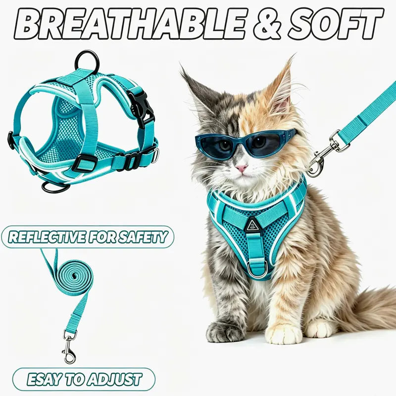 Escape-Proof Cat & Kitten Harness and Leash Set - Adjustable Breathable Mesh Vest, Reflective Strip, Comfortable Materials for Safe Walking (Includes Summer Version)