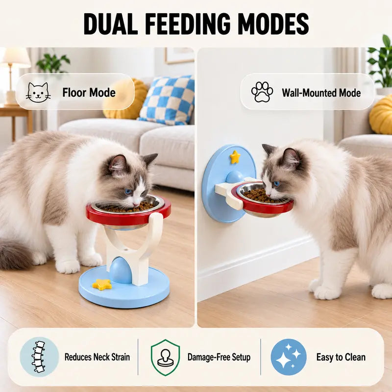 2-In-1 Elevated Stainless-Steel Cat Bowl, No-Drill Wall-Mount or Floor-Standing, Neck-Protecting, Robot Vacuum Friendly, Easy to Clean for Indoor Cats