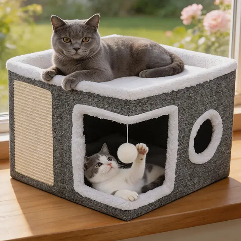 Large Plush Cat Bed – Cozy Hideaway with Sisal Scratcher & Hanging Toy