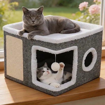 Large Plush Cat Bed – Cozy Hideaway with Sisal Scratcher & Hanging Toy