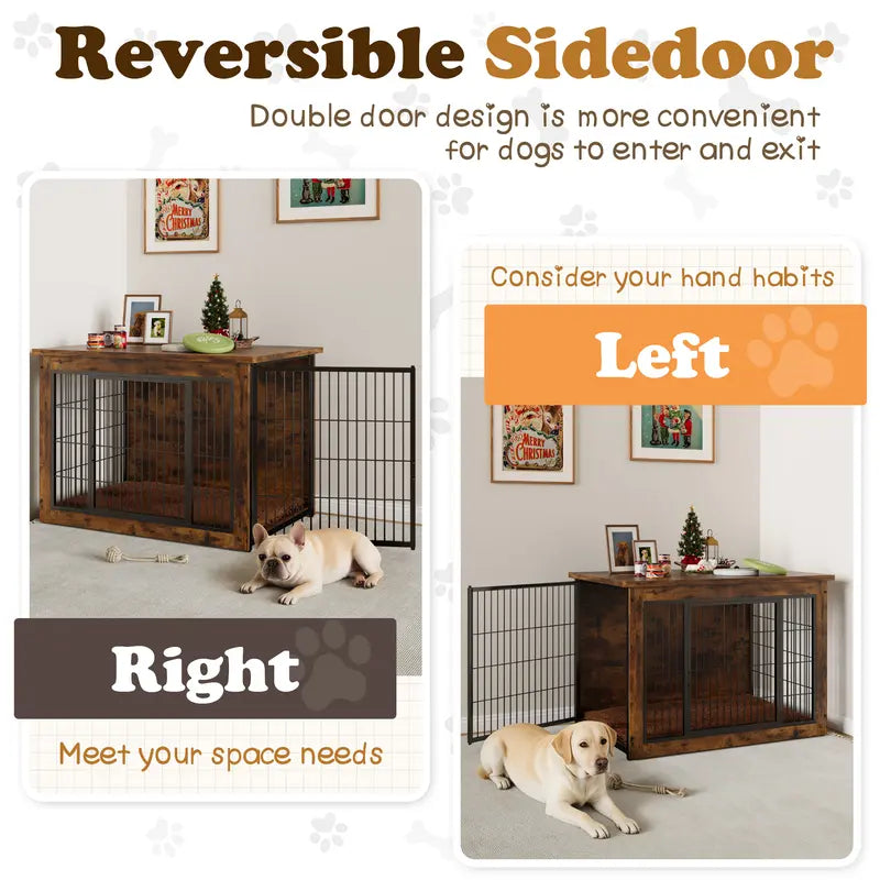 Heavy-Duty Steel Frame Wooden Dog Crate Side Table, Stylish Indoor Pet Furniture with Double Door, Thicker Frame Chew-Resistant Kennel Puppy Kennel for Small to Medium-Large Dogs