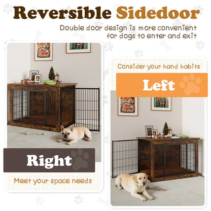 Heavy-Duty Steel Frame Wooden Dog Crate Side Table, Stylish Indoor Pet Furniture with Double Door, Thicker Frame Chew-Resistant Kennel Puppy Kennel for Small to Medium-Large Dogs