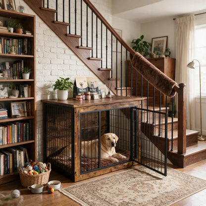 Heavy-Duty Steel Frame Wooden Dog Crate Side Table, Stylish Indoor Pet Furniture with Double Door, Thicker Frame Chew-Resistant Kennel Puppy Kennel for Small to Medium-Large Dogs