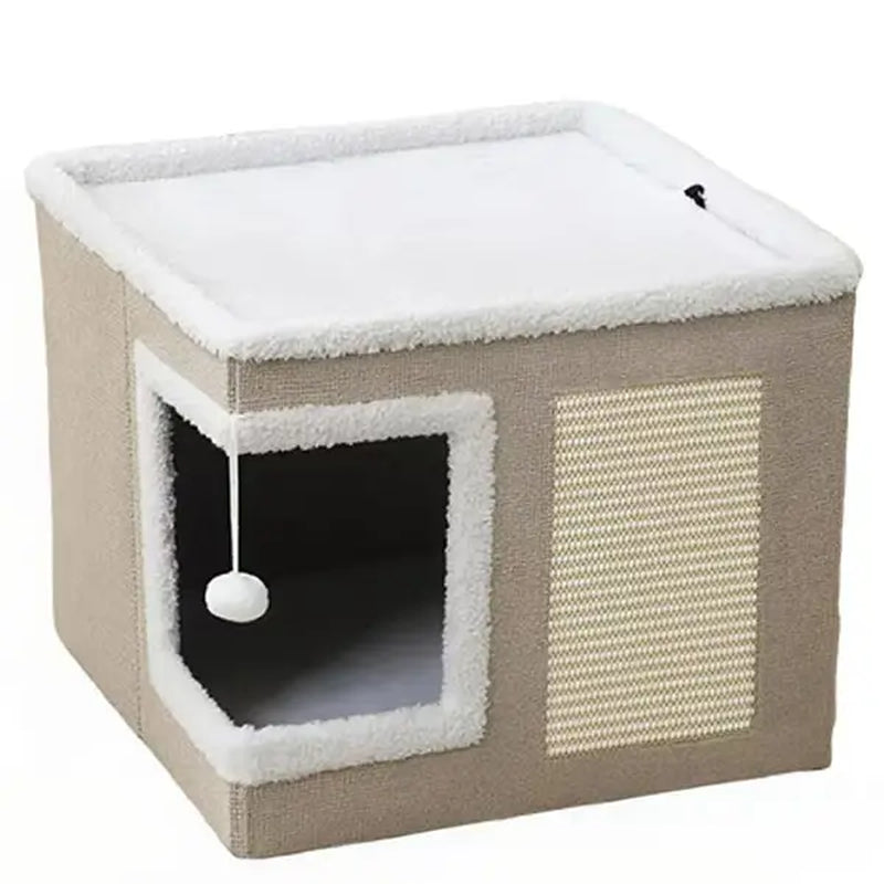 Large Plush Cat Bed – Cozy Hideaway with Sisal Scratcher & Hanging Toy
