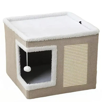 Large Plush Cat Bed – Cozy Hideaway with Sisal Scratcher & Hanging Toy