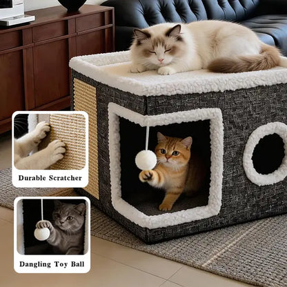 Large Plush Cat Bed – Cozy Hideaway with Sisal Scratcher & Hanging Toy