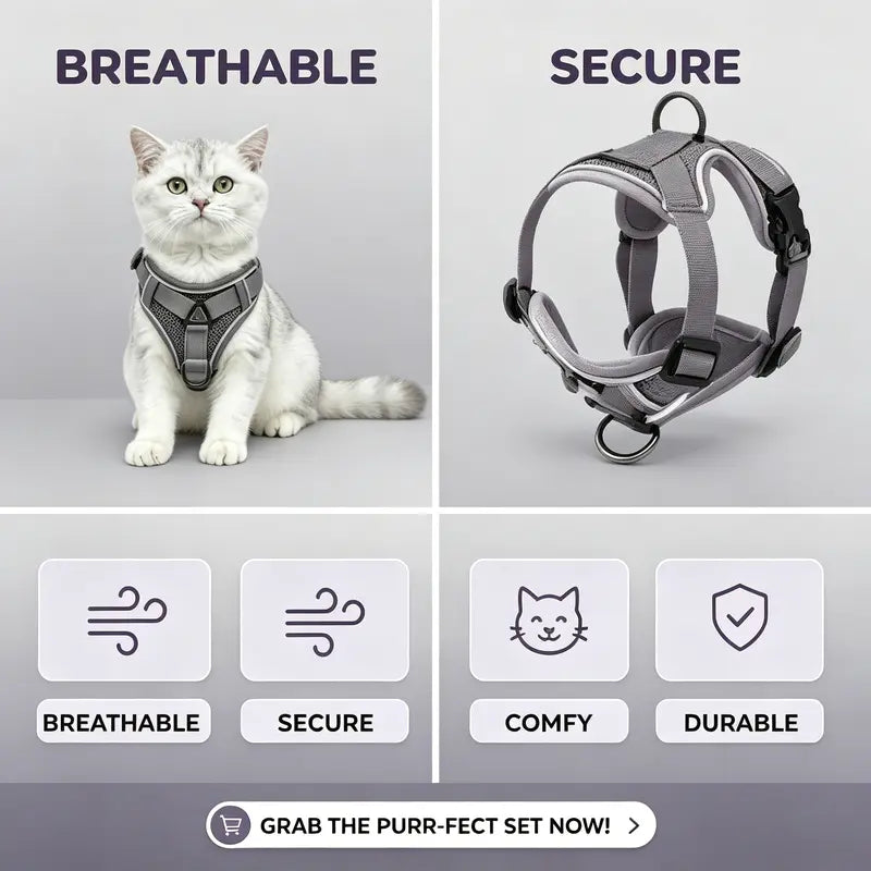 Escape-Proof Cat & Kitten Harness and Leash Set - Adjustable Breathable Mesh Vest, Reflective Strip, Comfortable Materials for Safe Walking (Includes Summer Version)