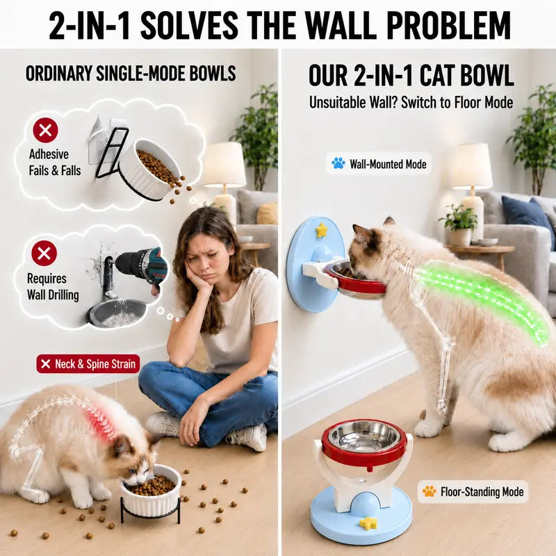2-In-1 Elevated Stainless-Steel Cat Bowl, No-Drill Wall-Mount or Floor-Standing, Neck-Protecting, Robot Vacuum Friendly, Easy to Clean for Indoor Cats