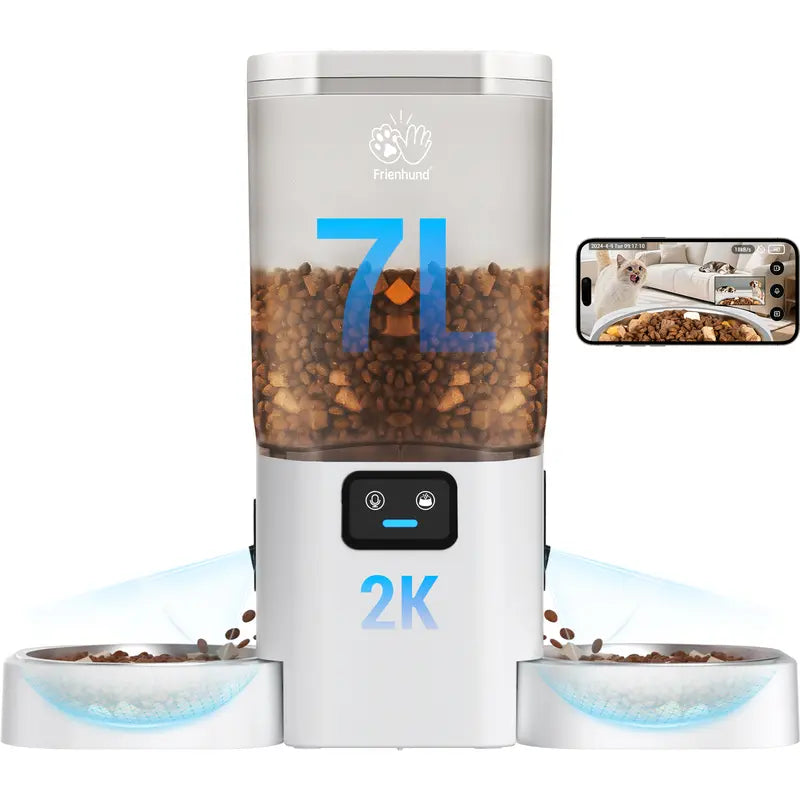 Frienhund Dual Camera Smart Pet Feeder – CHOOSE: with CAMERA / NO CAMERA, with 7L Dry Food Capacity, 1080P HD Monitoring, Night Vision,Slow Feed Mod, App Remote Control, Timed & Portion Feeding, Dual Stainless Steel Bowls for Multi-Pet Homes, Dual Bowls