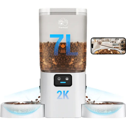 Frienhund Dual Camera Smart Pet Feeder – CHOOSE: with CAMERA / NO CAMERA, with 7L Dry Food Capacity, 1080P HD Monitoring, Night Vision,Slow Feed Mod, App Remote Control, Timed & Portion Feeding, Dual Stainless Steel Bowls for Multi-Pet Homes, Dual Bowls