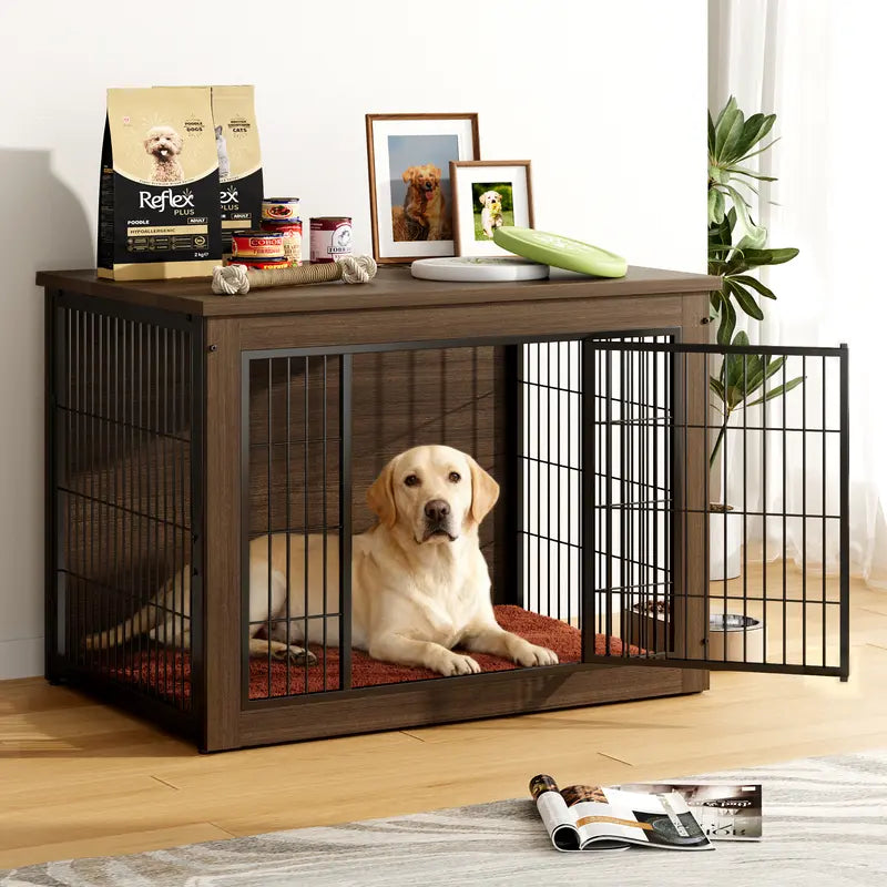 Heavy-Duty Steel Frame Wooden Dog Crate Side Table, Stylish Indoor Pet Furniture with Double Door, Thicker Frame Chew-Resistant Kennel Puppy Kennel for Small to Medium-Large Dogs