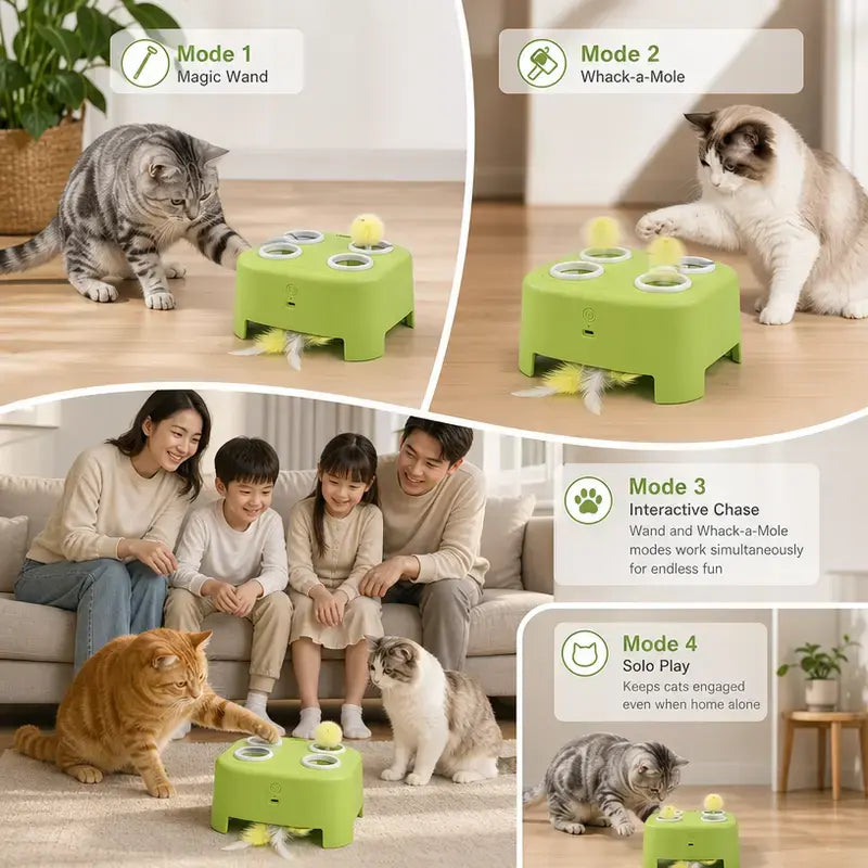 2-in-1 Interactive Cat Hunting Toy – Pop-Up Mice & Rotating Feather, USB-C Rechargeable