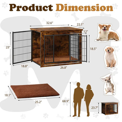 Heavy-Duty Steel Frame Wooden Dog Crate Side Table, Stylish Indoor Pet Furniture with Double Door, Thicker Frame Chew-Resistant Kennel Puppy Kennel for Small to Medium-Large Dogs