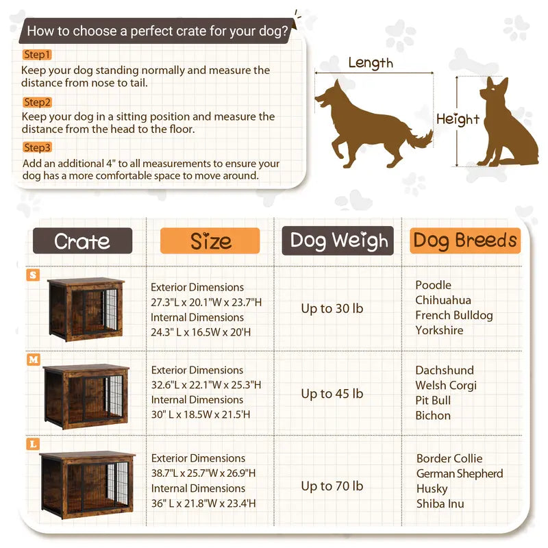 Heavy-Duty Steel Frame Wooden Dog Crate Side Table, Stylish Indoor Pet Furniture with Double Door, Thicker Frame Chew-Resistant Kennel Puppy Kennel for Small to Medium-Large Dogs
