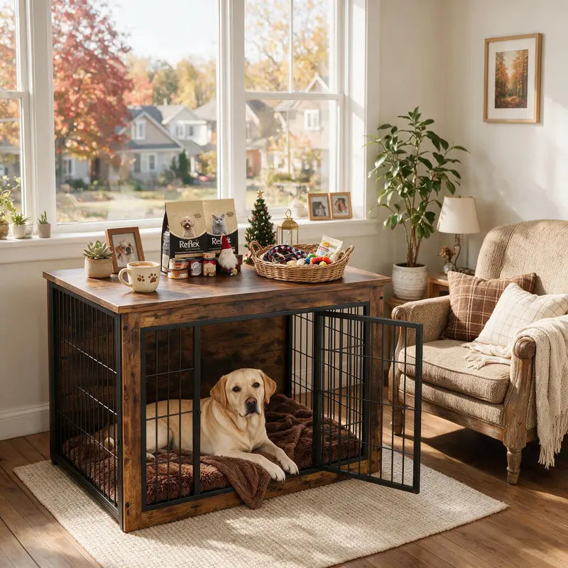 Heavy-Duty Steel Frame Wooden Dog Crate Side Table, Stylish Indoor Pet Furniture with Double Door, Thicker Frame Chew-Resistant Kennel Puppy Kennel for Small to Medium-Large Dogs