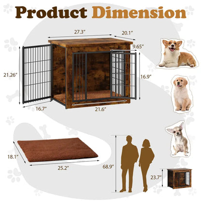 Heavy-Duty Steel Frame Wooden Dog Crate Side Table, Stylish Indoor Pet Furniture with Double Door, Thicker Frame Chew-Resistant Kennel Puppy Kennel for Small to Medium-Large Dogs